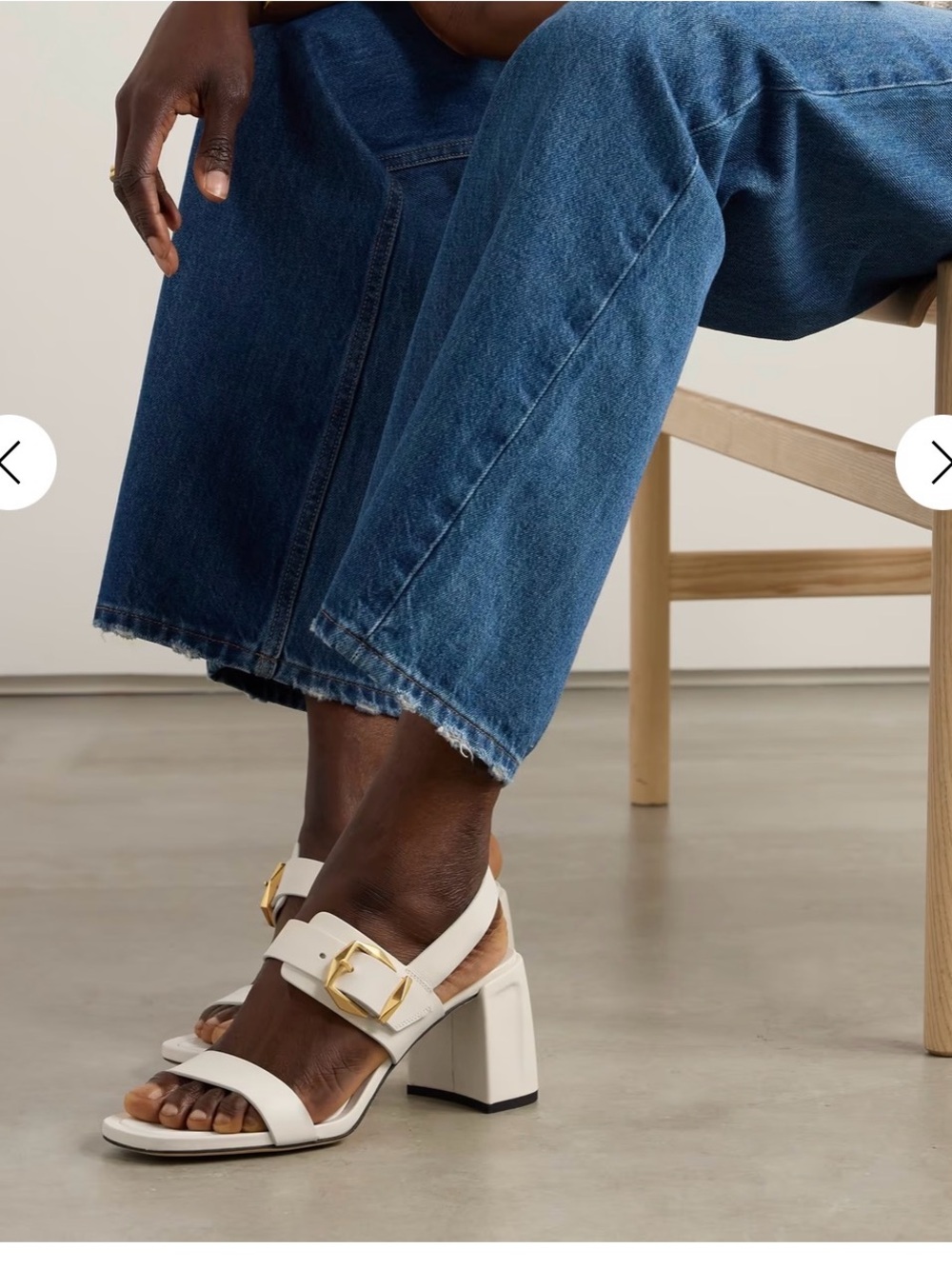 White Block Heel Sandals with Gold Buckles